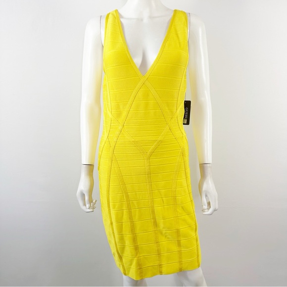 GUESS Yellow Deep V-Neck Bodycon Dress Size L Formal Cocktail Summer NEW - Picture 1 of 10